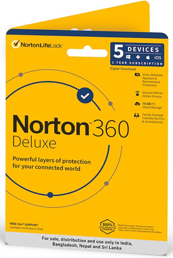 Norton, 360 Deluxe, 5 Devices 1 Year, Total Security