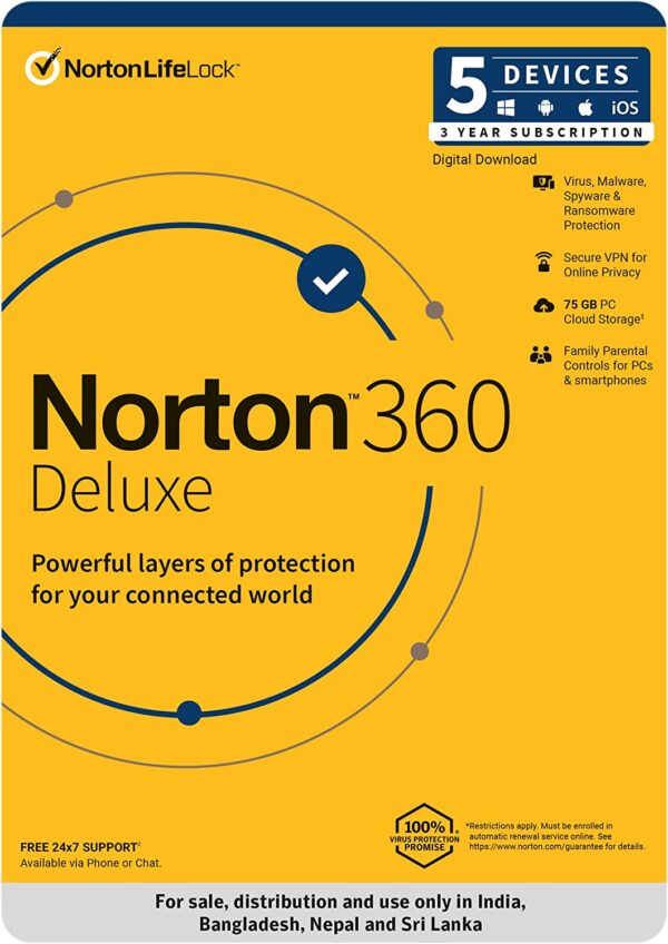 Norton, 360 Deluxe, 5 Devices 3 Year, Total Security