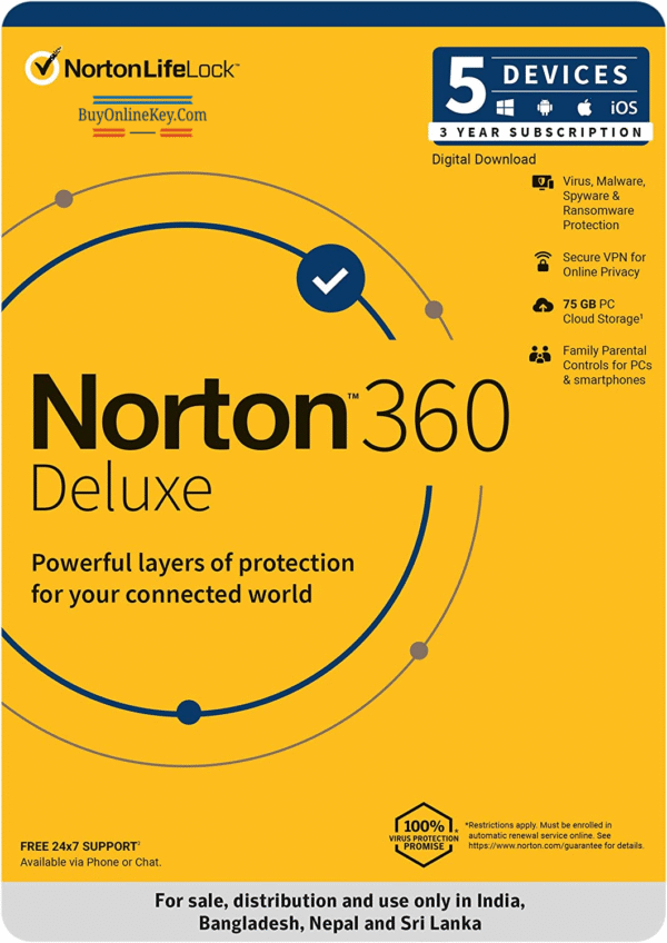Norton, 360 Deluxe, 5 Devices 3 Year, Total Security